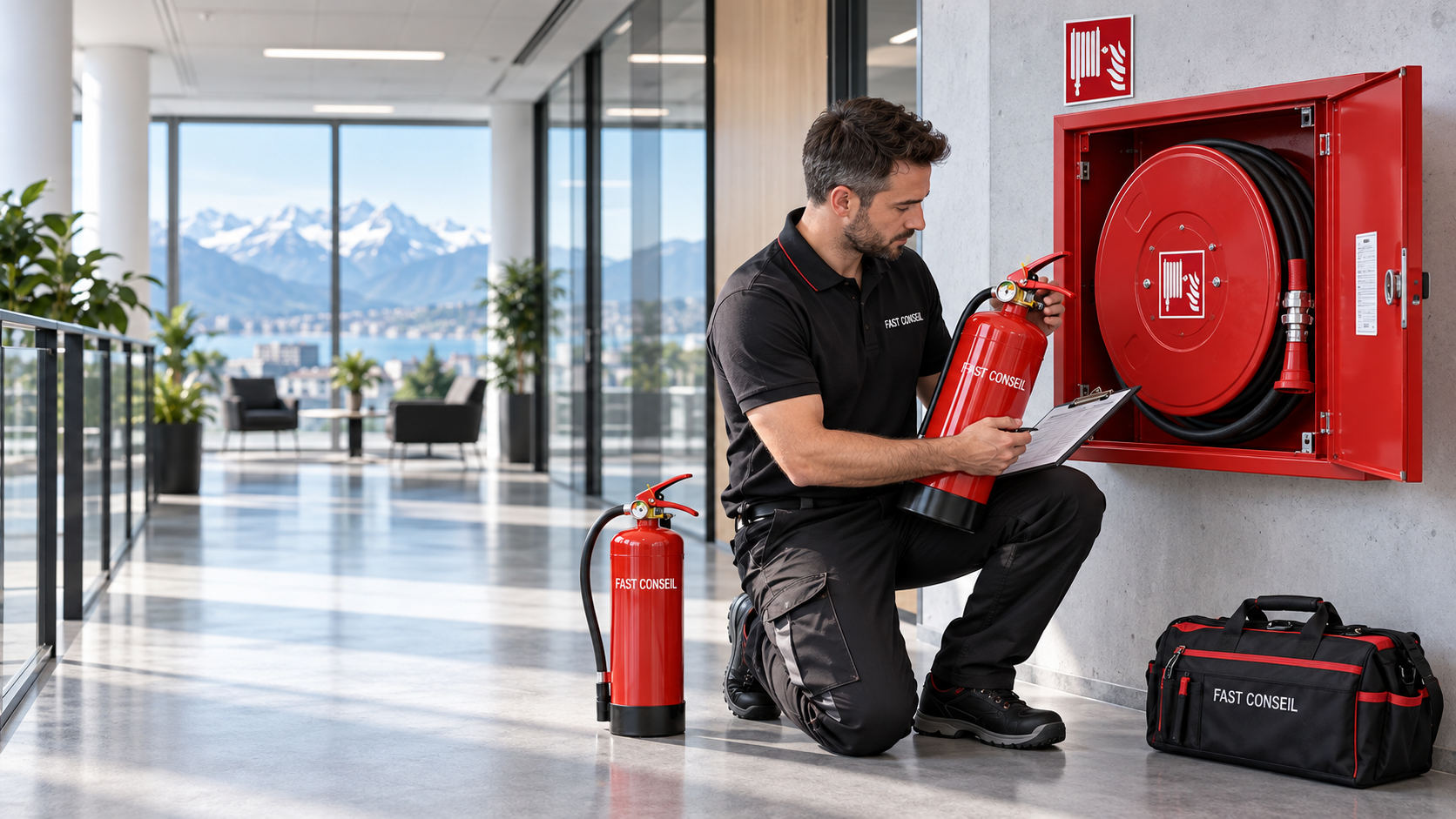 Entretien d'extincteurs en entreprise : technicien Fast Conseil contrôlant un extincteur et un poste incendie en Suisse romande